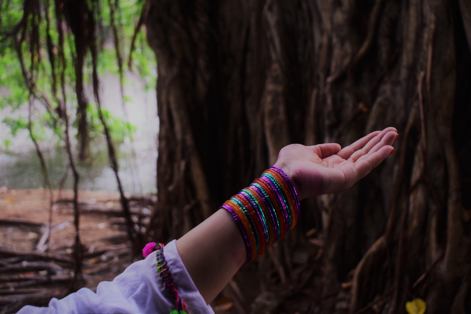 avant-bras au poignet cerclé de bracelets multicolores devant un tronc d'arbre